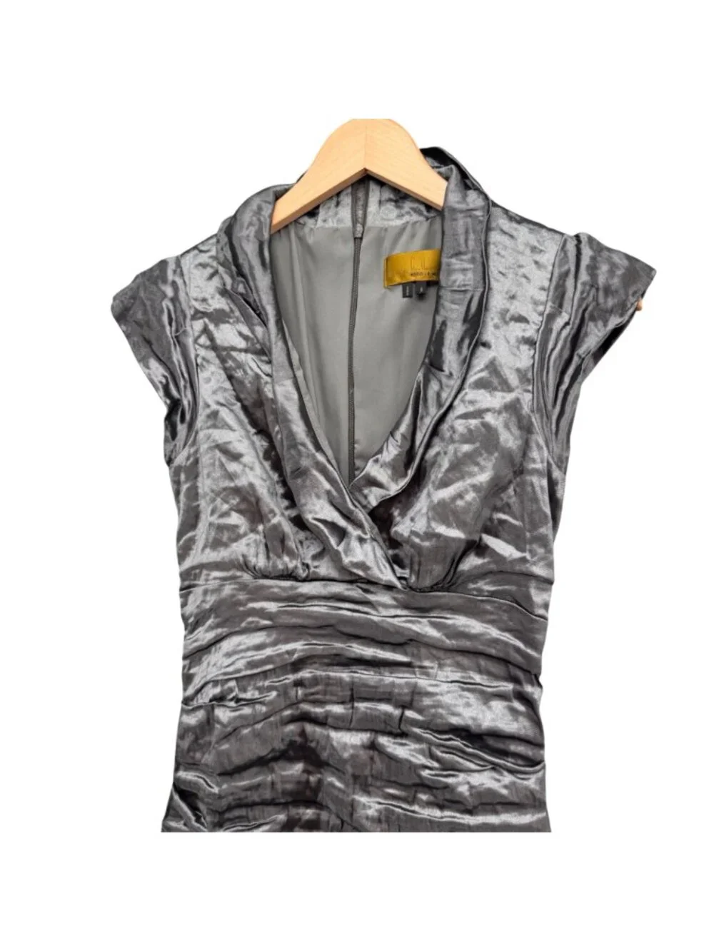 Nicole Miller Techno Metallic Dress Gunmetal Silver Ruched Cocktail Sheath Sz 8